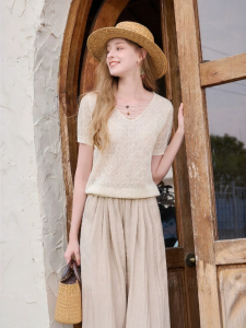 XIANGYING | White Thin Lace Yoke Short Sleeve Knit Top