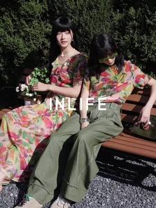 INLIFE | French Style V-Neck Printed Slim A-Line Midi Dress