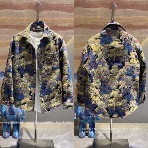 เสื้อแจ็คเก็ตผู้ชายสไตล์ย้อนยุคฤดูใบไม้ร่วงใหม่ ปกพับ ลายปัก ทรงหลวม ลำลอง คู่รัก เสื้อโค้ทผู้ชาย แฟชั่น