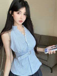 GUZILIAN | เสื้อเชิ้ตคอวีลายทางผู้หญิงสไตล์ฝรั่งเศส ทรงสลิมฟิต แขนกุด เอวยางยืด ชุดทำงานฤดูร้อน โพลีเอสเตอร์ คอกลม