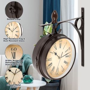 22CM Dial Bracket Clocks Outdoor Garden Double Sided Clock Silent Non Ticking Vintage Retro Ornament Indoor/Outdoor Mute Grand Central Station Wall Clock