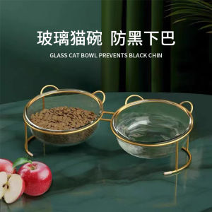 Double Bowl Cat Dish Dog Bowl Cat Food Basin Anti-Overturning Glass Cat Food Bowl Pet Supplies for Kittens Normal Size