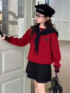 ชุดเสื้อสเวตเตอร์คอปกสีน้ำเงินและกระโปรงทรงเอสีแดง ชุดนักเรียนวิทยาลัยสำหรับเด็กผู้หญิง ชุดปีใหม่ ชุดนักเรียนวิทยาลัย ชุดเด็กผู้หญิง