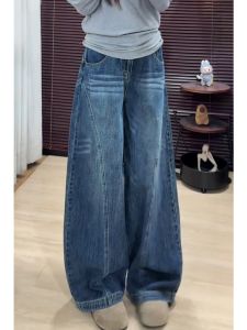 กางเกงยีนส์ทรงหลวมเอวสูงสไตล์อเมริกันย้อนยุคไซส์ใหญ่สำหรับผู้หญิง กางเกงขายาวทรงตรงทรงหลวมสำหรับฤดูใบไม้ร่วง