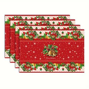 VIKAMA 4/10PC Christmas Bell Red & Gold Placemats Holiday Gathering Family Table Decor Accessories Christmas Party Decorations