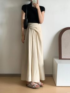 French Cotton Linen Texture Folded Skirt High Waist A-Line Midi Dress Womens Spring Summer New Style Slimming Versatile Long Skirt