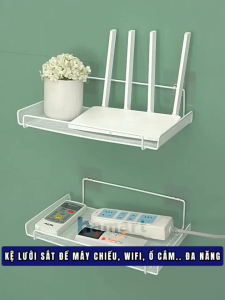 Kệ Để Máy Chiếu Giá Đỡ Router Wifi TV Box Lưới Sắt Đen Dán Treo Tường Decor Đa Năng Kèm Đinh Móc