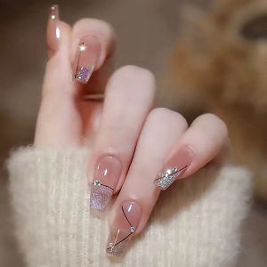 Wearable Nail Tips Short to Medium Length Nude Shiny Powder Student Party Princess Style Pure Desire Nail Art Decorations