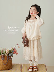 ชุดเด็กผู้หญิง 2 ชิ้น ผ้าฝ้ายลูกไม้สีพื้นฤดูใบไม้ร่วงฤดูใบไม้ผลิ เสื้อผ้าเด็กผู้หญิง เสื้อผ้าเด็กสไตล์ยุโรป