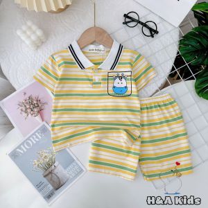 Set bộ cộc tay cổ trụ bẻ chất thun lạnh sọc dệt cho bé từ 8-20kg