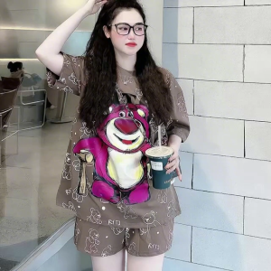 Sweet and cute girls casual suit summer new kitten print short-sleeved ruffled shorts two-piece womens suit