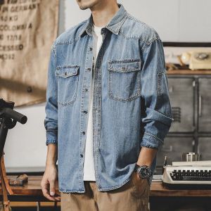 Loose Fit Long Sleeve American Denim Shirt for Men Casual Classic Collar Workwear Jacket Autumn Spring Fashion Outerwear