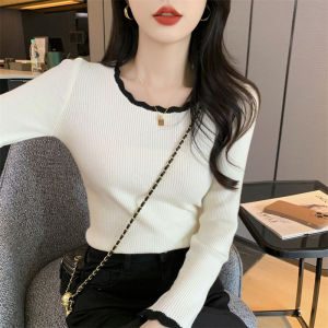 Chic Short Knitted Sweater Womens Base Layer Shirt Stylish Autumn Fashion Inner Wear Embellished with Wood Grain Edge Trendy