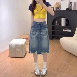 AIYITI | Vintage Blue Ripped Denim Skirt