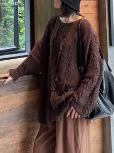 QINGNAER | Loose Retro Fringe Patchwork Long Sleeve Knit Top