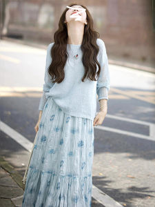 ชุดเดรสยาวลายดอกไม้สีน้ำเงิน ชุดสองชิ้นสไตล์เกาหลี ชุดเดรสยาวเอวสูง ชุดเดรสยาวผู้หญิง ชุดเดรสยาวฤดูใบไม้ร่วง/ฤดูหนาว