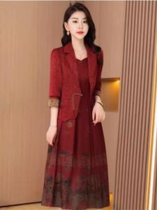 MAIMEI | New 2025 Womens Hanfu Style Two-Piece Dress High Waist A-Line Skirt With Polo Collar Long Sleeve Midi Dress Spring Autumn Fashion