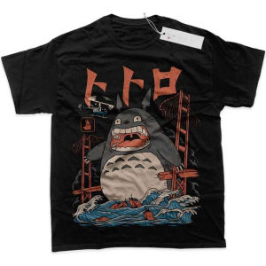 Bandai | Mens T Shirt Sports T Shirt Short Sleeve T Shirt My Neighbor Totoro Grey Cat White Teeth Red Paper Planes Blue Wave Print