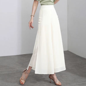 Chiffon White Wide Leg Pants Womens Summer Thin Pantskirt Cropped Pants New Chinese Style Split Pants Drape Culottes