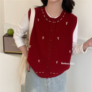 เสื้อกั๊กถักปักรูปเห็ดสไตล์เกาหลีสำหรับผู้หญิง คอกลม แขนยาว ทรงหลวม แขนกุด แฟชั่นฤดูใบไม้ร่วง 2025