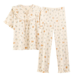 miiow | Cat Lady Summer Sleepwear Set Pure Cotton Thin Short Sleeve Long Pants Home Clothes Princess Style With Chest Pad Breathable Comfortable