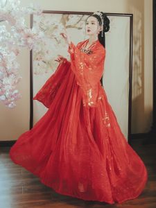 Gold Plum Crane Hanfu Womens Two-Piece Chest-Length Cheongsam Red Long Sleeve Shirt Large Pleated Skirt National Stage Costume