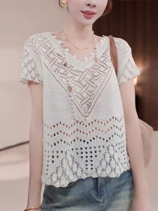 Shalldoer | Retro Hong Kong Style Knitted Short Sleeve Lace Hook Thin Ladies Summer Unique Beautiful Single Wear Loose Fit Round Neck Top