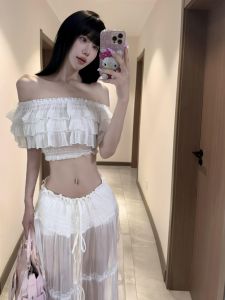 Summer Elegant White One-Shoulder Womens Set Beautiful Half-Length Skirt And Top Matching Fashionable Casual Outfit