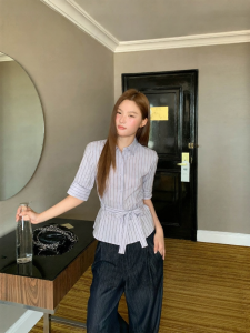NIHAOKANONG | Áo sơ mi nữ kẻ sọc thiết kế dây buộc dáng ôm body tôn dáng
