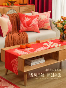 Red Wedding Table Flag Dragon And Phoenix Happiness New Chinese Style Festive Tea Table Cloth Cover Towel LORiCA QJD
