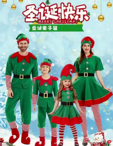 09 Halloween Girls Boys Christmas Santa Claus Costume Green Elf Cosplay Family Christmas Party Clothes