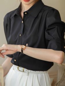 Áo Sơ Mi Nữ Tay Ngắn Tay Giữa Màu Đen Thanh Lịch Thời Trang Mùa Hè Thiết Kế Tay Bồng Cao Cấp Cổ Polo Nút Thẳng