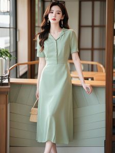 Elegant Green Suit Dress Womens Fashion Summer 2024 Slim Fit V-Neck Long Sleeve Short Sleeve Single Button Closure Solid Color