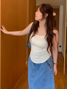 Womens plus Size Sleeveless Crop Top Slimming Belted Vest Korean Style Arc-shaped Hemline Inner Wear Summer Breathable Cotton