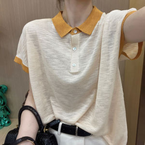 Summer New Womens Loose Fit Thin Polo Shirt Short Sleeve T-Shirt Fashion Design Color Block Three Button up Top Korean Style