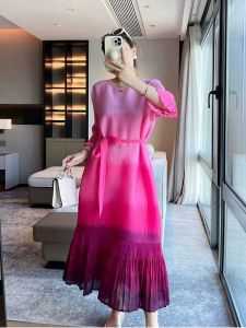 Autumn New Arrival Loose Pleated Midi Dress Womens Name Lady Gradient Color Belted Dress Three-Residence Style Blue Flared Sleeve