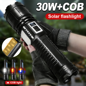 Solar Rechargeable LED Flashlight White Laser Tactical Flashlights High Power Digital Display Power Bank Torch Camping Lantern