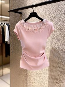 NUMEN BUTTON | Short Women Petited Style Lace Splicing Icy Silk Ribbed Knit Top Summer Short Sleeve Tees