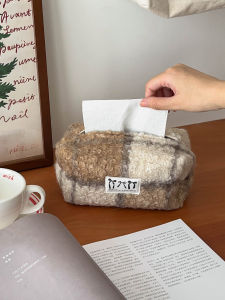 Retro Plaid Velvet Tissue Bag Branch Enlightenment Storage Decorative Atmosphere Tabletop Decoration Polyester Fiber Tissue Box