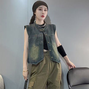 Retro Denim Vest Womens Stand Collar Loose Short Sleeveless Top Button Splice Pocket Decorative Stitching Cotton Blend Chinese Made