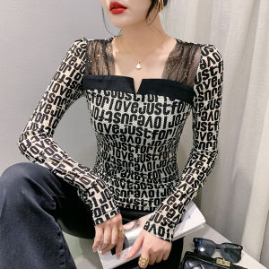 Yimei Áo phông in hình đẹp áo nữ cổ vuông 2023 mới áo sơ mi mặc trong lưới dát kim cương thời trang