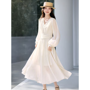 MOHANYIMEI | Slimming Lantern Sleeve V-Neck Wrinkle Waist Fitted Commute & Vacation Dress