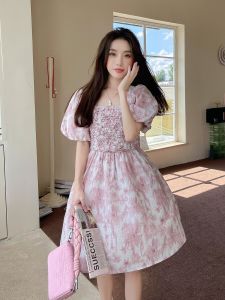 Pink Floral Summer Dress Womens 2024 New French Vintage Gentle Bubble Sleeve Midi Length First Love Dress Commute Style