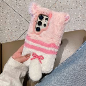 3D Cute Bowknot Kitty Cat Furry Winter Warm Fluffy Soft Fur Case for Samsung Galaxy S23 S24 S25 Ultra A56 A16 A17 A55 A35 A54 5G