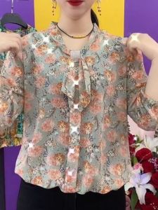 เสื้อเชิ้ตผ้าชีฟองลายดอกไม้หลวมๆ สำหรับคุณแม่วัยกลางคน แขนยาวสามส่วน ปกโปโล ทรงหลวม แฟชั่นฤดูร้อน เสื้อผ้าผู้หญิง