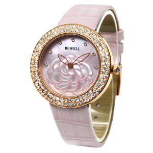 Fashionable Stainless Steel Quartz Womens Watch with Diamond-Encrusted Leather Strap Shell And Flower Dial