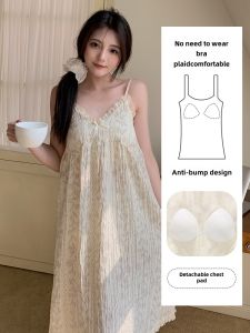 Cute Pure Floral Slip Nightdress with Chest Pad Summer Thin Woven Cotton Sunflower Lace Pajamas for Women Sweet