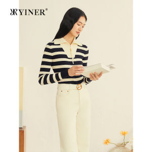 French Blue and White Striped Wool and Cashmere Blend Contrast Collar Knitted Sweater
