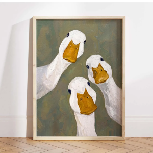 Funny Goose Wall Art Print Three White Ducks Poster Farmhouse Bird Decor Whimsical Bathroom Artwork Cottagecore Gift