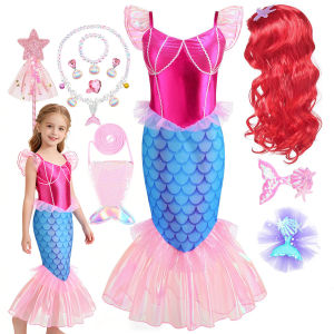 Disney | Disney Mermaid Pink Princess Dress Summer Beach Girls Party Cosplay Mermaid Princess Flying Sleeve Cute Dress + Accessories Set